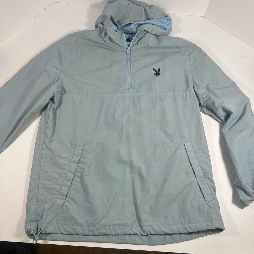 Playboy PacSun Pullover Rain Jacket Small Light Blue Quarter-Zip Hooded Casual